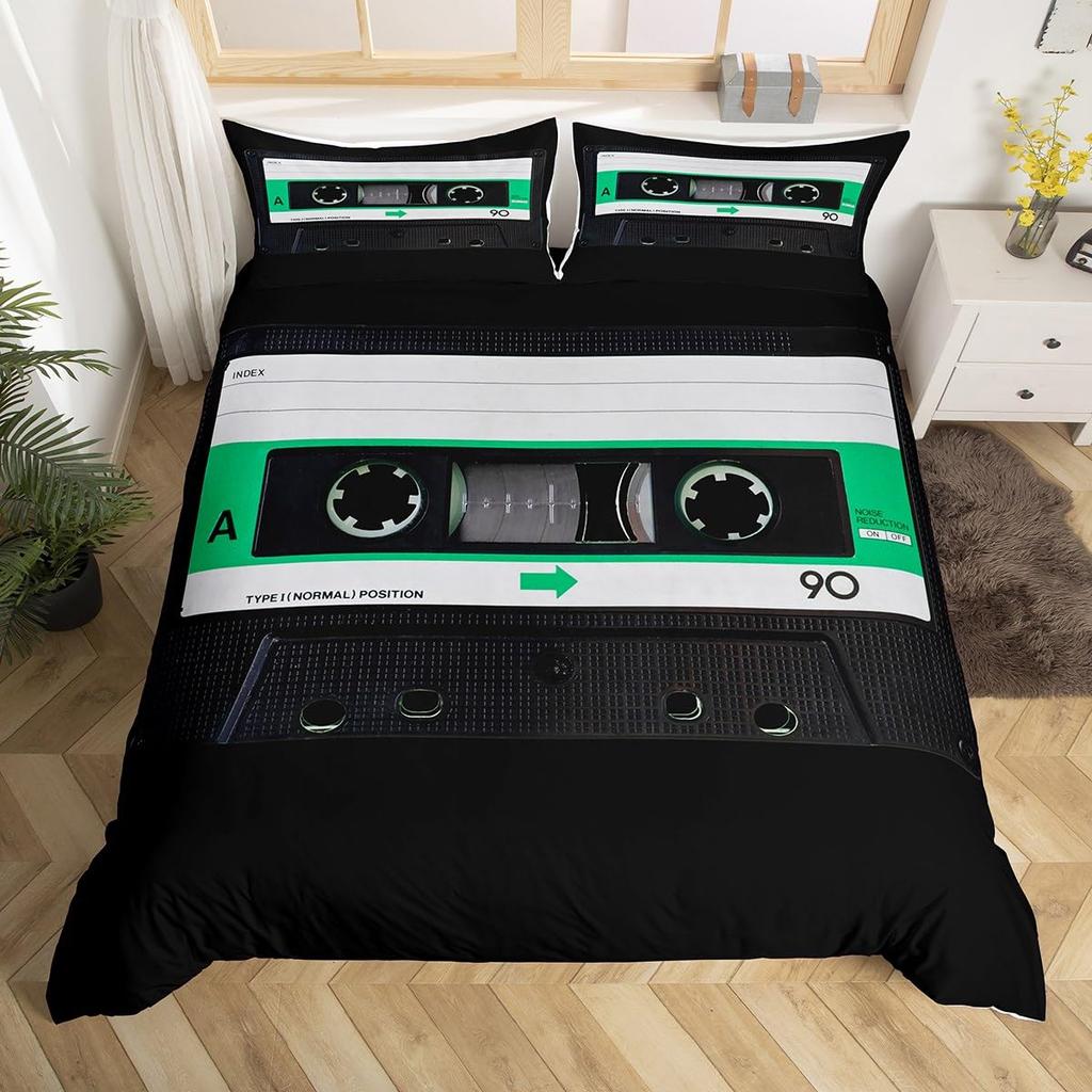 Cartoon Black Record Duvet Cover Set Retro Record Comforter Cover for Boy Girl Music Theme Bedding Set Queen King Duvet Covers