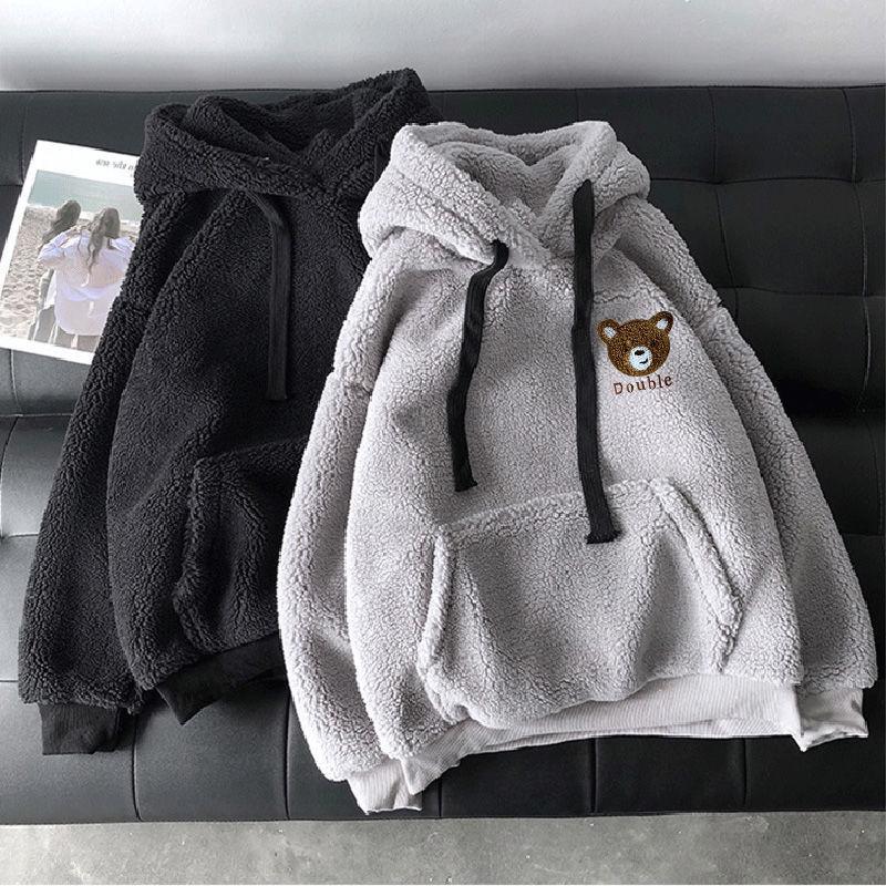 Женская толстовка с капюшоном, зимние свободные толстовки, уличная одежда из толстой овечьей шерсти, верхняя одежда с медведем