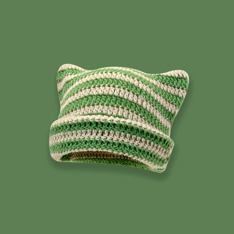 Милая вязаная шапка-бини в полоску с рогом дьявола, осенне-зимняя вязаная шерстяная шапка, острый пуловер для девочек с кошачьими ушками, женские шапки с капюшоном