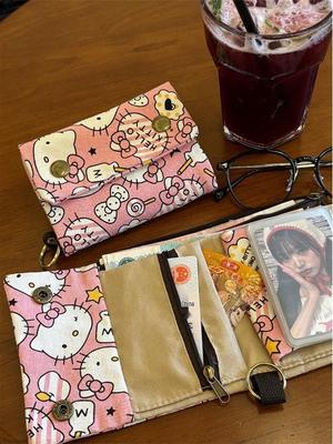Холщовый кошелек и держатель для ключей Hello Kitty в корейском стиле: Милый мультяшный дизайн, многофункциональный кошелек для монет и держатель для карт.