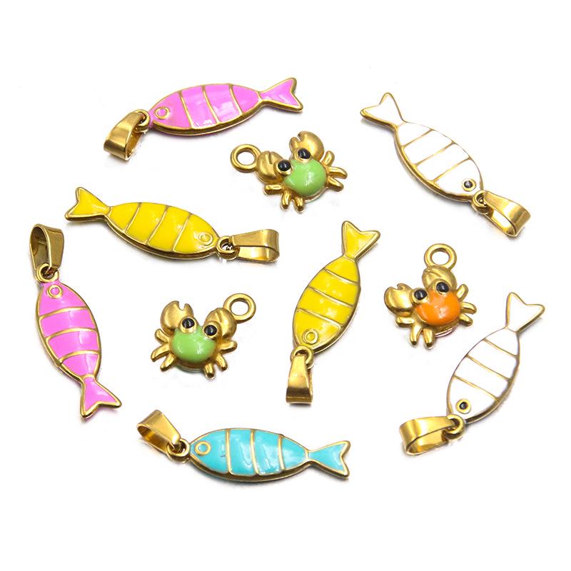 Gold & Enamel Striped Fish Crab Charm - DIY Necklace, Bracelet, Earring Accessories (2 Styles, Stainless Steel)