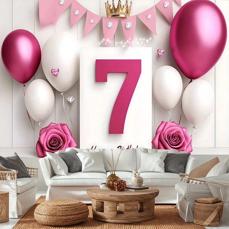 7th Birthday Party Backdrop White Pink Polyester Banner Photo Booth Decoration
