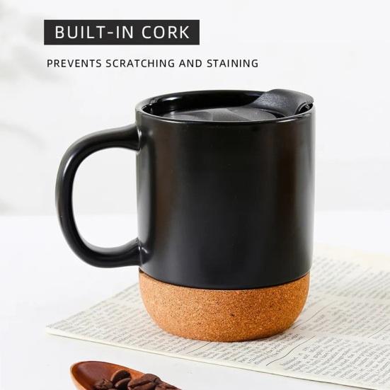 350ML Matte Black Coffee Mug with Grip Handle Cork Bottom Detachable Dustproof Lid Heat-Resistant Ceramic Tea Milk Water Cup Birthday Gift