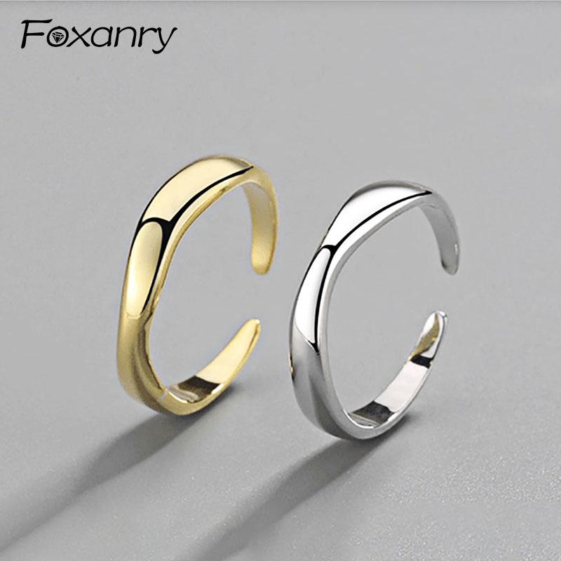 Foxanry Minimalist Wedding Ring for Women Couples Creative Geometric Smooth anillos Jewelry Gift Size 17.3mm Adjustable