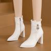 Autumn Women' Ankle Boots Chunky High Heel Short Boots Fashion Pointed Fashion Side Zipper Platform White Boots Botas De Mujer