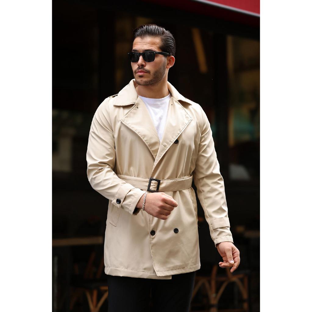 Мужской черный водо- и ветрозащитный плащ с поясом, верхнее пальто