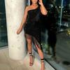 Women Evening Dress Slant Tassel Hem Sequin One Sloping Shoulder Sleeveless Bodycon