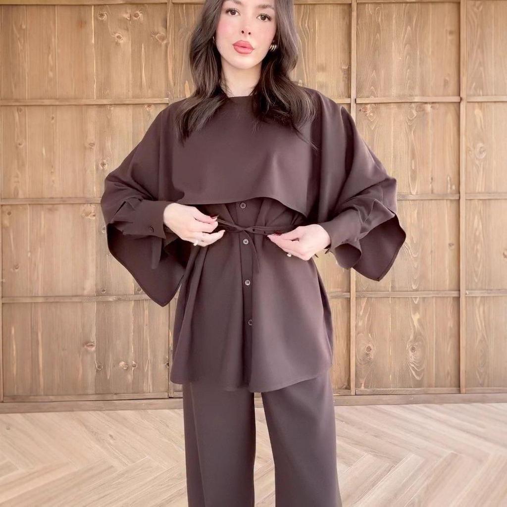 2025 Осень Европейский и Американский Женский Комплект Топ с Длинным Рукавом, Шаль и Брюки с Завязкой на Талии