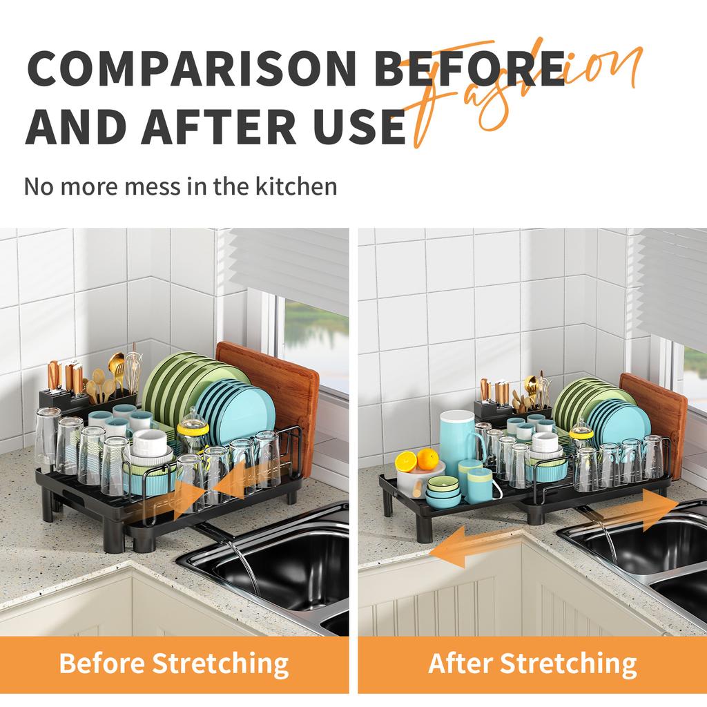 Kitchen Dish Drying Rack Retractable Kitchen Organizr Over Sink Plate Drainer with Drainboard Countertop Tableware Drainer