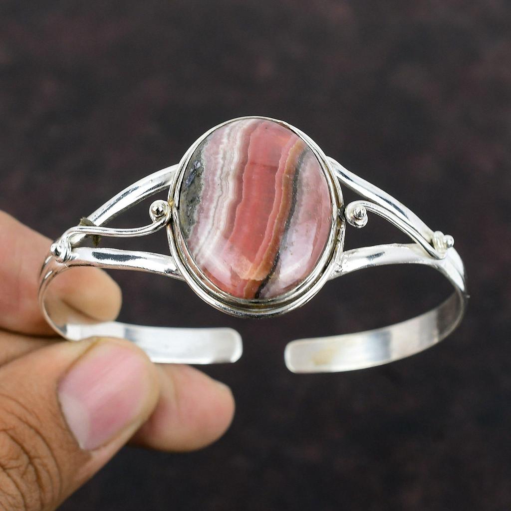 Rhodochrosite Cuff Bracelet Real Gemstone Bangle 925 Sterling Silver Cuff Bracelet Handmade Jewelry Adjustable Bangle For Gift Women Jewelry