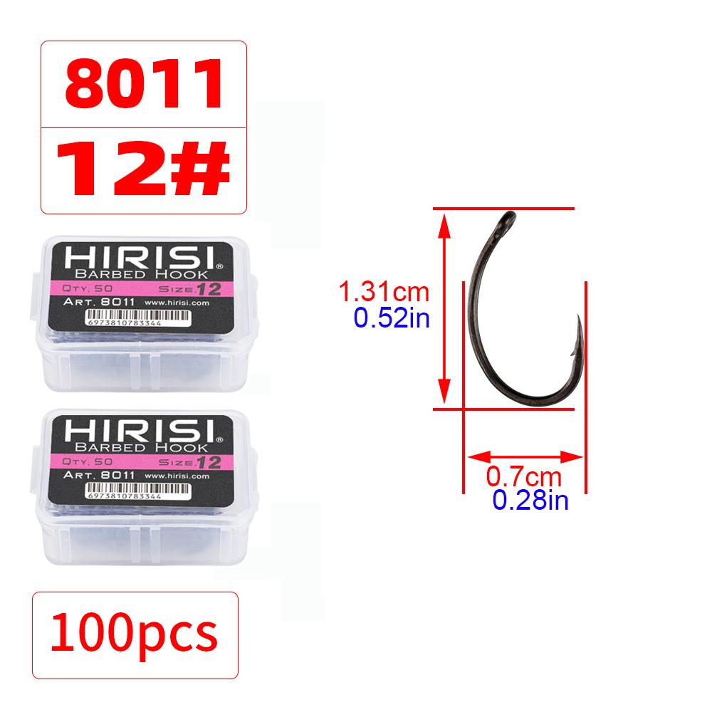 Hirisi 50/100 шт. Крючки для карповой ловли с покрытием PTFE Стальные крючки с бородкой В коробке 8011 Рыболовные аксессуары