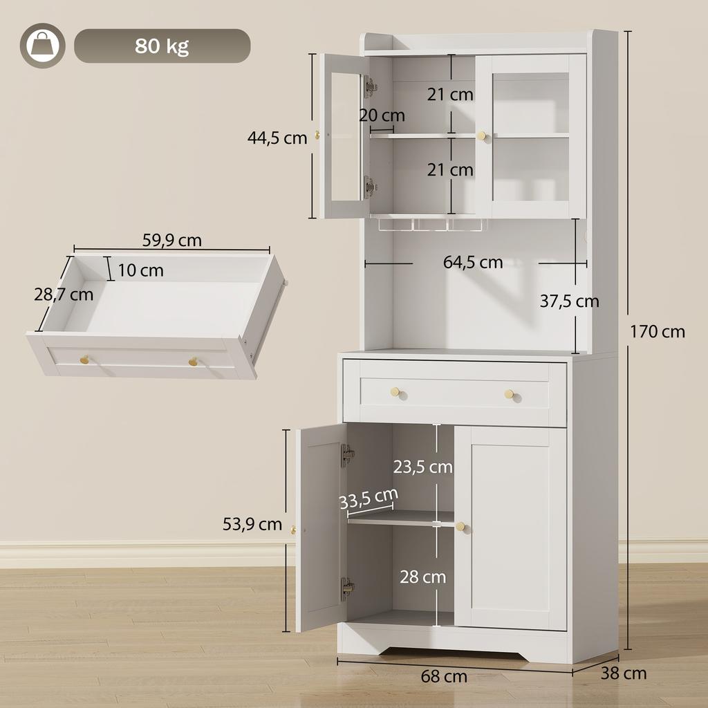 Kitchen Cabinet with Worktop, Wine Glass Holder, Storage Cabinet for Kitchen, Dining Room, 170 cm, MDF, Glass, White