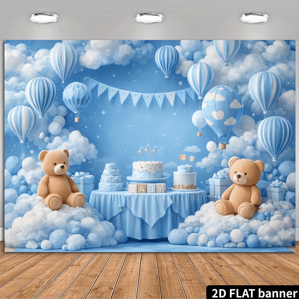 2D plane blue and white hot air balloon teddy bear with BABY letters as the background fabric. Starry clouds with blue color.