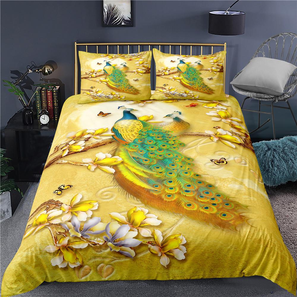 Comforter Peacock Plum Blossom Decor Bedding Set King Size Crane Peacock Feather Floral Pattern Romantic