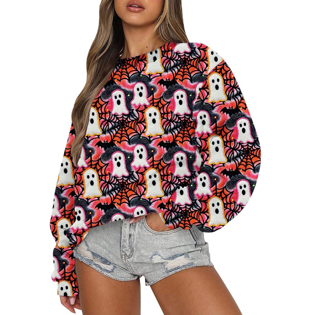 Свитшоты для женщин с длинным рукавом на Хэллоуин, повседневные, с круглым вырезом, свободные, пуловеры, свитшоты, топы