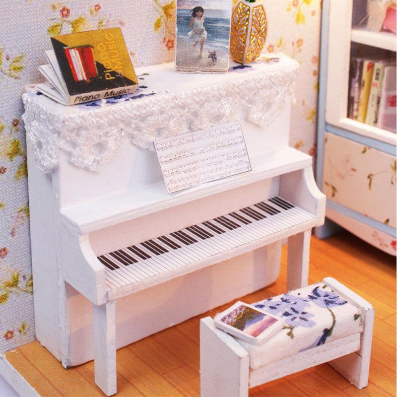 Dollhouse Miniature DIY House Kit Wood Cute Room with LED Furniture and Cover Girl Gift Toy, Summer
