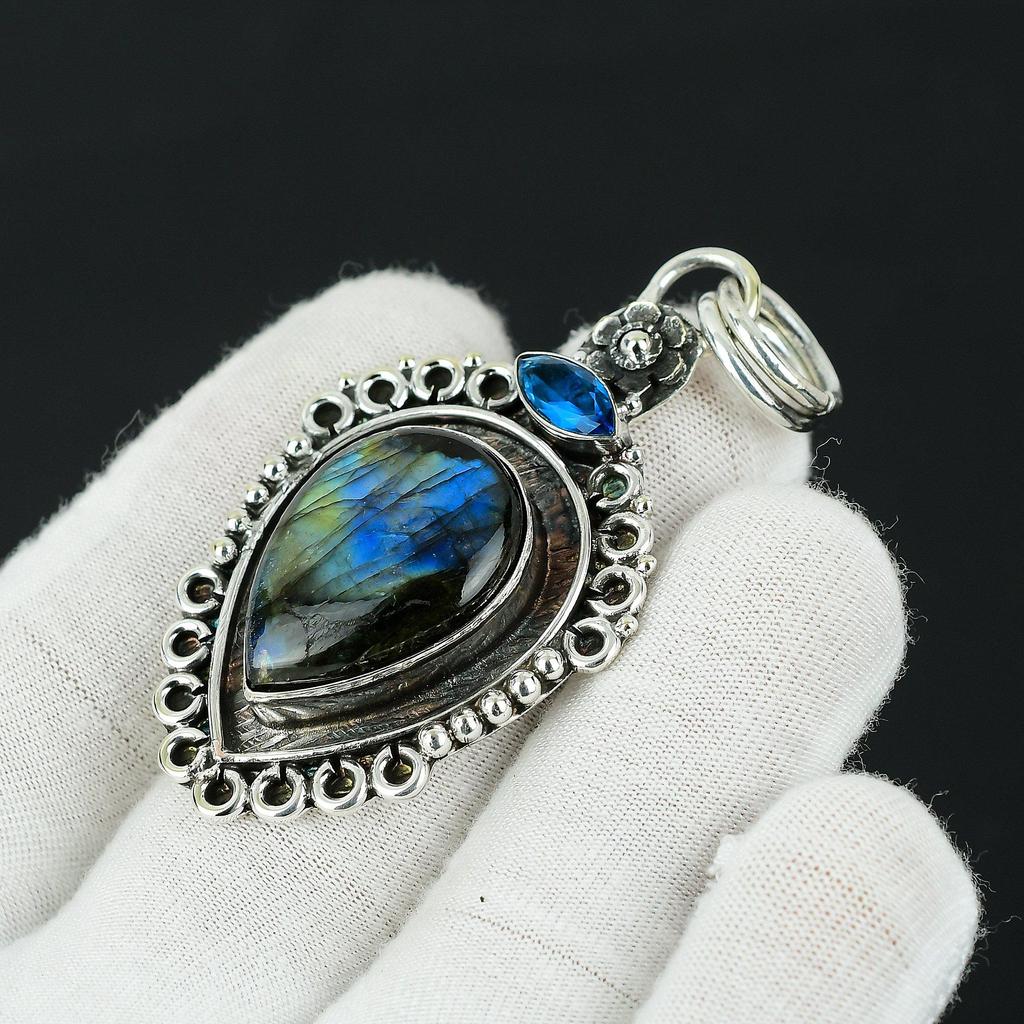 Labradorite, Blue Topaz Gemstone Silver Pendant, 925 Sterling Silver Jewelry Pendant, Natural Labradorite Pendant For Women Pendant For Gift