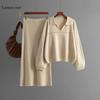 Autumn and Winter New Knit Sweater Set POLO Collar Ladies Simple Trend V-neck Solid Color Loose Slim Dress