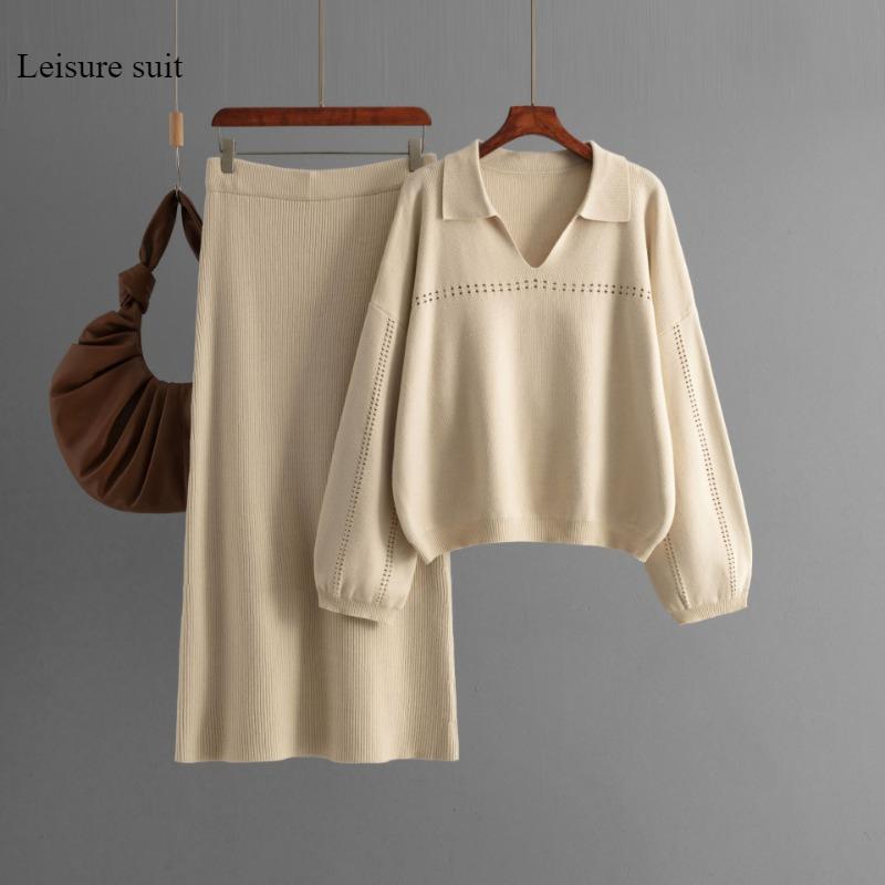 Autumn and Winter New Knit Sweater Set POLO Collar Ladies Simple Trend V-neck Solid Color Loose Slim Dress