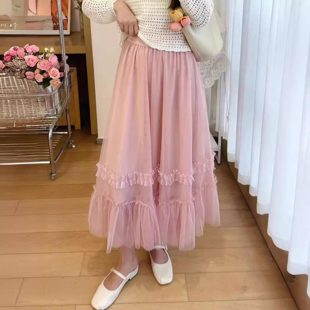 Qooth Women A-line Nail Beads Tulle Ruffle Skirt Wide Hem Mid Length Elastic Waist Casual Skirt QT2633