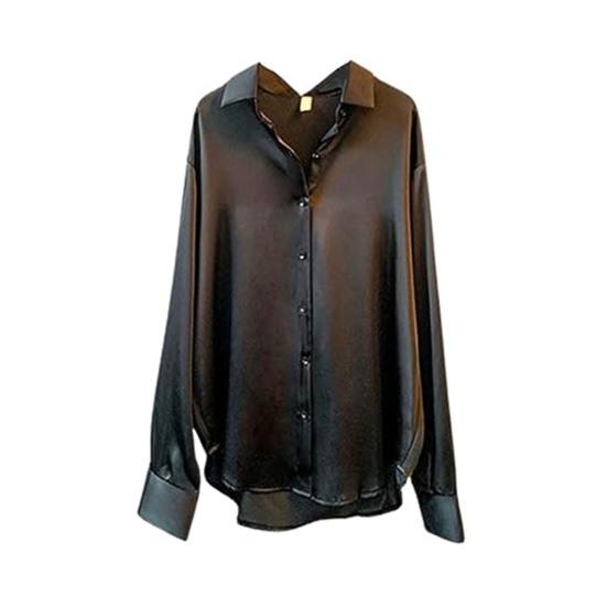 Women Shirt Lapel Long Sleeve Single Breasted Shirt Tops Solid Color Smooth Satin Loose Fit Versatile Shirt