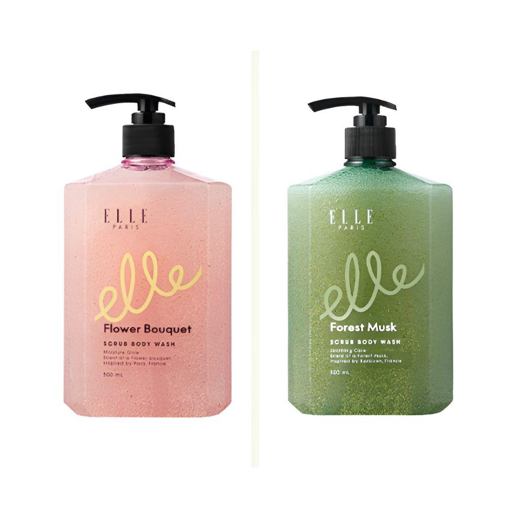 ELLE PARIS Scrub Body Wash 500ml (Flower Bouquet / Forest Musk) - 2-in-1 Exfoliation