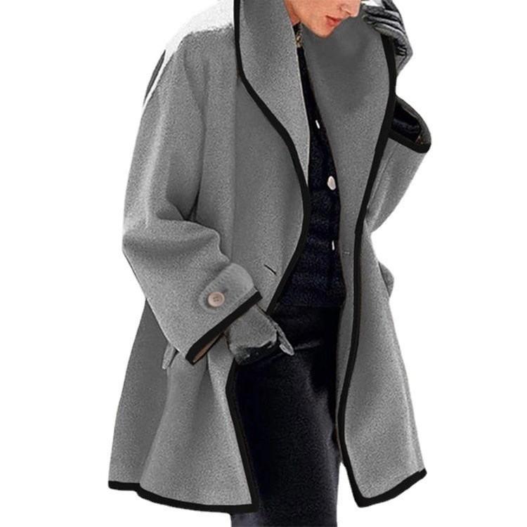 Women's Long Coat with Black Trim, Button Front Closure, Multiple Colors (Blue, White, Red, Beige, Purple, Gray, Black)