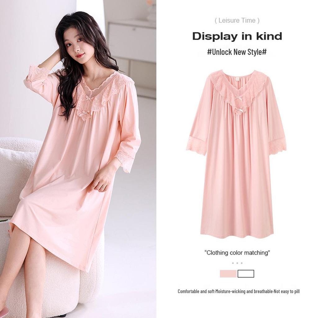 Женская легкая модальная хлопковая ночная сорочка средней длины, больших размеров, для весны и осени.