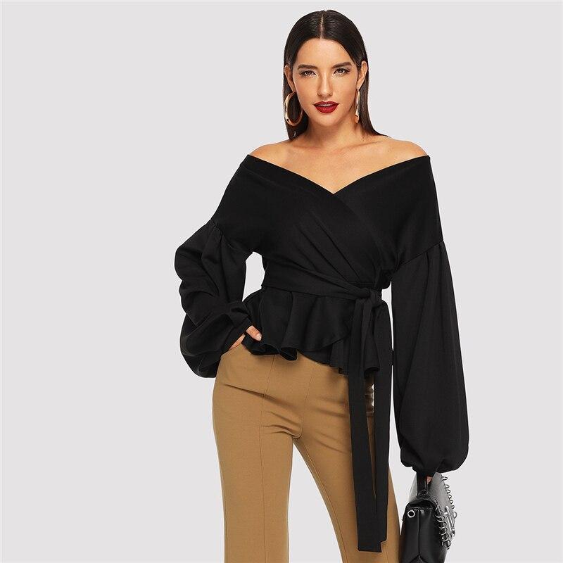 White Office Lady Elegant Lantern Sleeve Surplice Peplum Off the Shoulder Solid Blouse Sexy Women Tops And Blouses