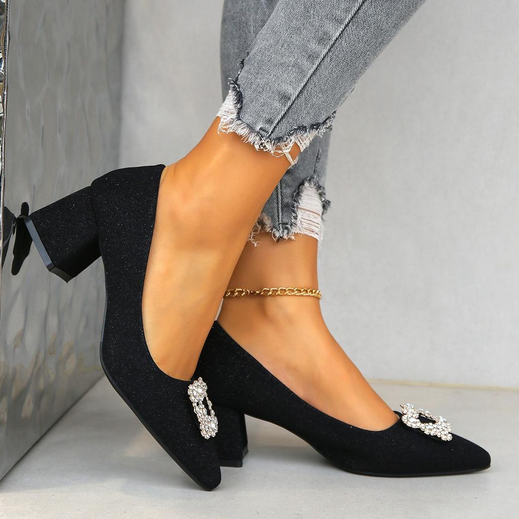 Модные женские туфли-одиночки 2024 года, весна, новая корейская версия с квадратной пряжкой и острым носком на толстом каблуке