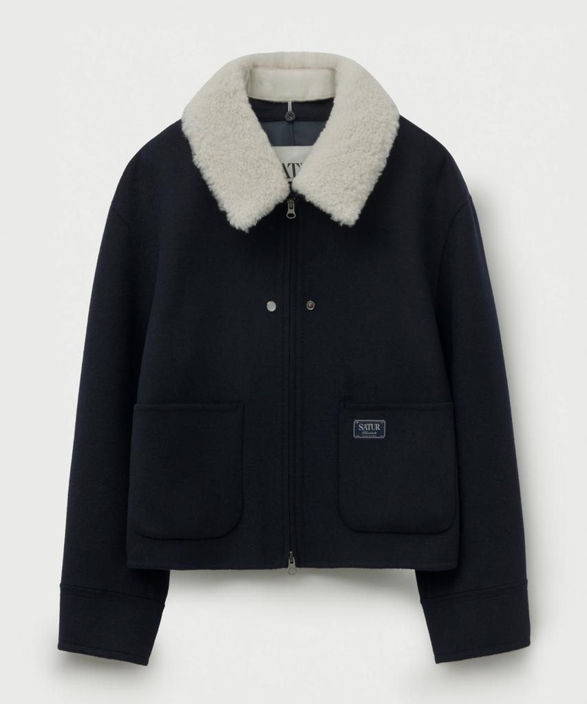 Satur (W) Shearling Collar Wool Blend Jacket Navy
