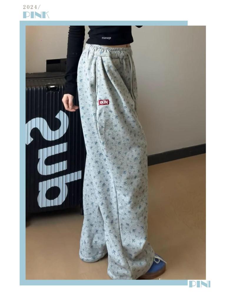Women's Gray Floral High-Waist Sweatpants, Loose Straight-Leg, Spring Autumn 2025 Collection
