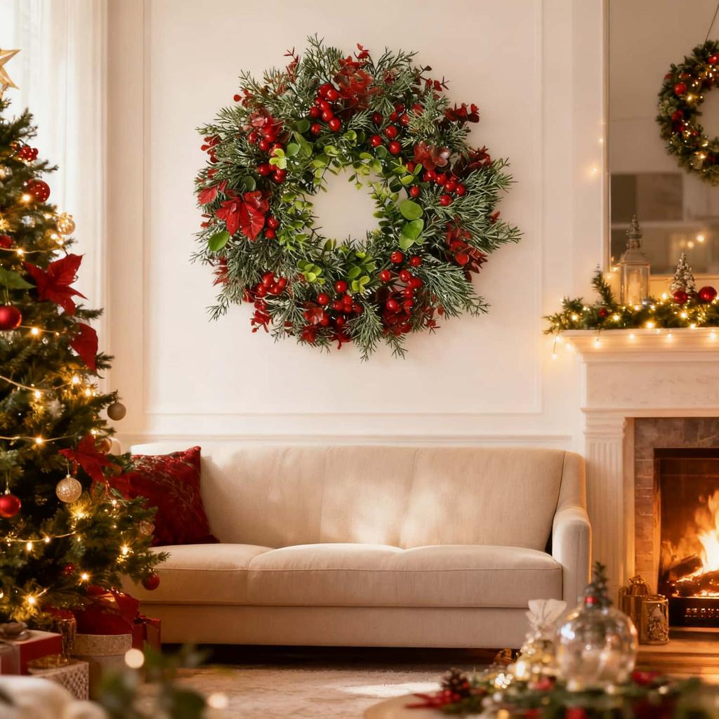 Рождественский венок 40 см с красными ягодами - Искусственный эвкалиптовый лист, подвеска на дверь - Праздничный декор для дома и улицы