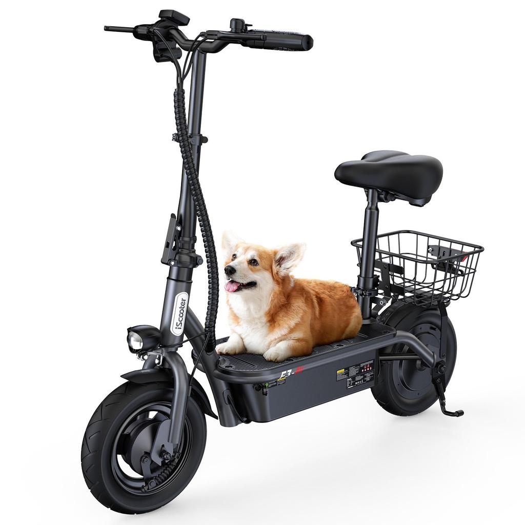 F3 1000W Adult Electric Scooter with Seat, Dual Disc Brakes, Removable Basket, Foldable, Maximum Range 55-60km, Wide Tires, City Commuting