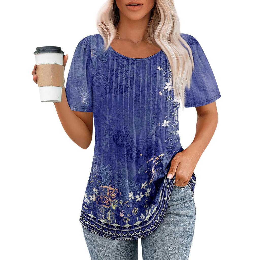 Women's Fashion Printed Casual Pleated Round Short Sleeve T-Shirt Top