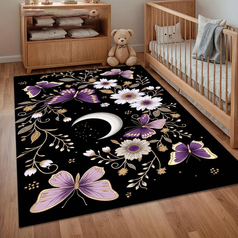 Black Purple Butterfly Crescent Area Rug Non Slip Mat for Bedroom Living Room Mystical Home Decor Aesthetic Witchy Bedroom