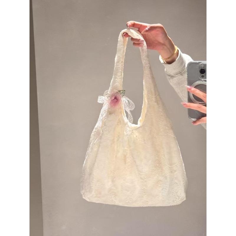 Small Fresh Commuting Lazy Wind Underarm Bag Trendy Lace Cloth Bag Women's Large Capacity Flower Shoulder Tote Bag