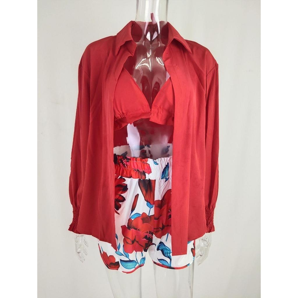 Женский сексуальный костюм-тройка, пляжный модный костюм с шортами