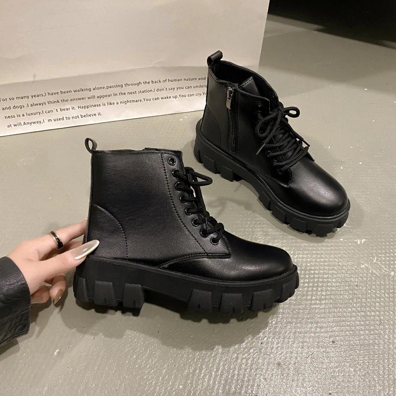 Мода 2024 Зима Корейский Комфорт Мотоциклетные Ботинки До Середины Икры Женская Обувь Платформа Шнуровка Боковая Молния Женские Ботинки Нескользящие Теплые Ботинки Для Снегохода