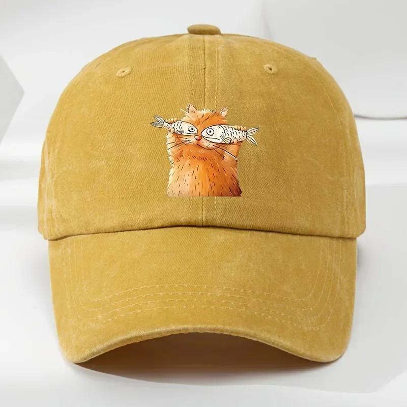 Single Pack UnisexS Vintage Washed Baseball Cap Casual Sports Sun Hat with Cute Orange Cat Print COTTON