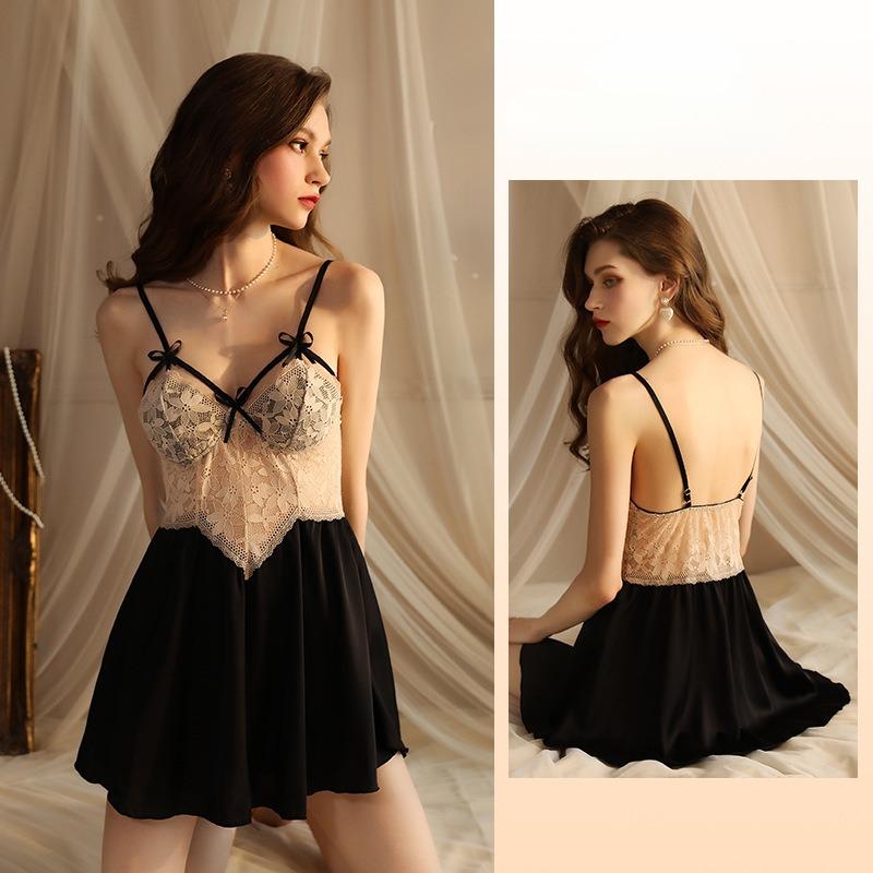 Летнее и осеннее сексуальное кружевное атласное платье с глубоким V-образным вырезом и подвеской для сна