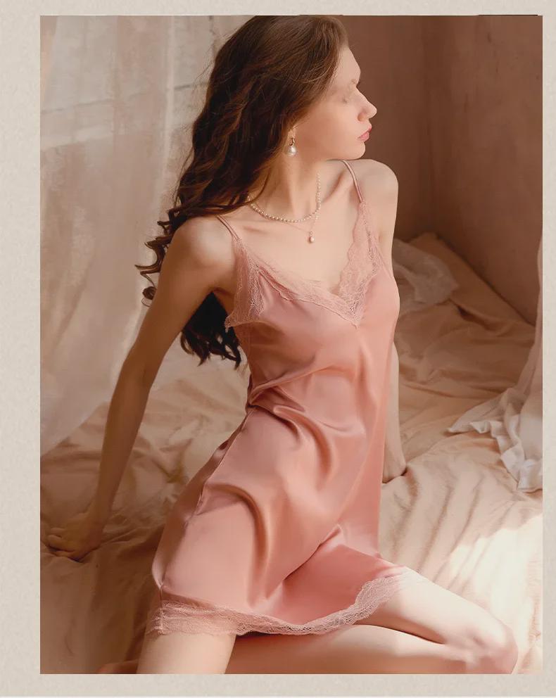 Летняя женская ночная рубашка из ледяного шелка с кружевом 2024 года — тонкая, сексуальная, высококачественная пижама