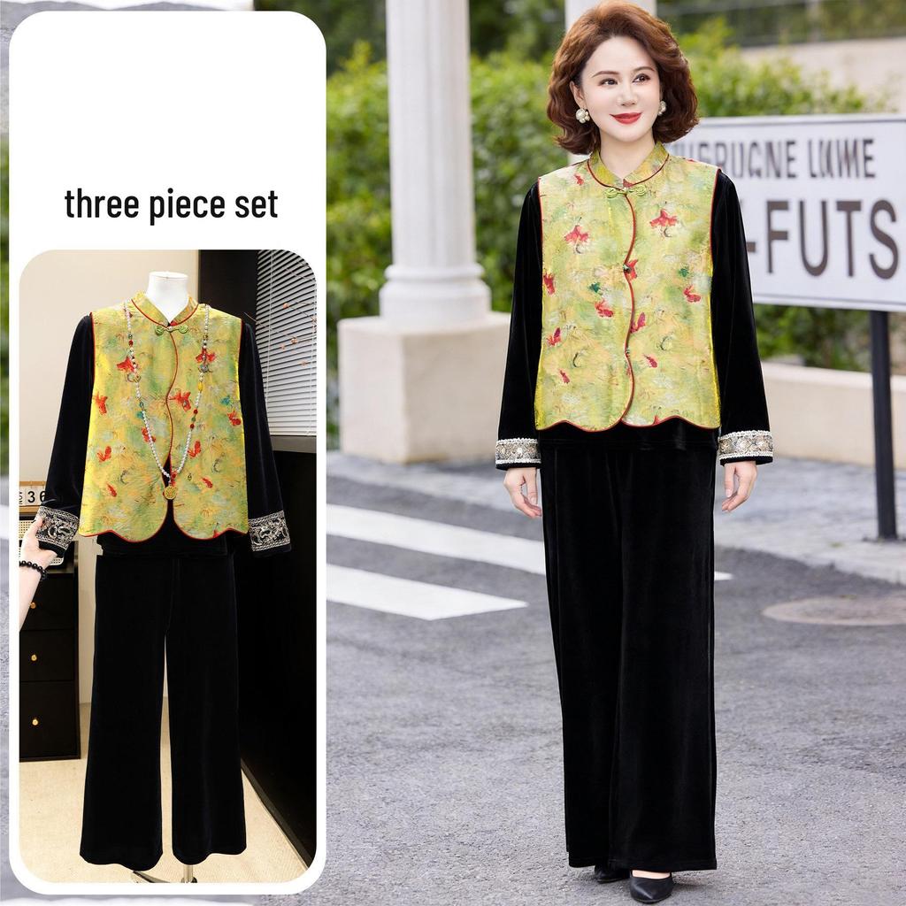 Elegant Spring 2026 New Chinese Style Women's Three-Piece Suit – Sophisticated Vest Look for Middle-Aged and Elderly.