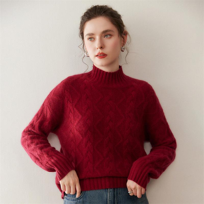 Soft & Cozy Baby Cashmere Women's Sweater - 2025 Autumn/Winter, Half-High Collar, Thick Cable Knit for Warmth