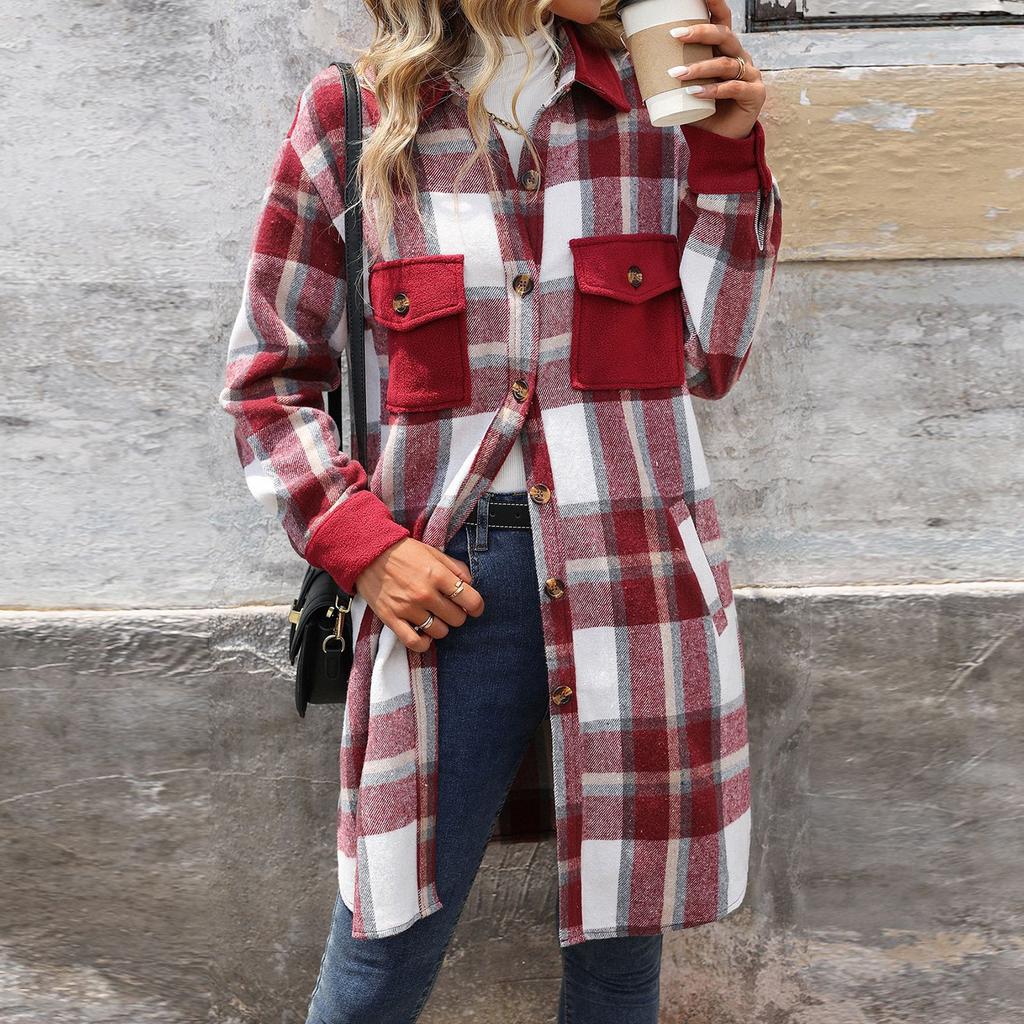 Women's Fashion Casual Long Sleeve Plaid Button With Pocket Jacket