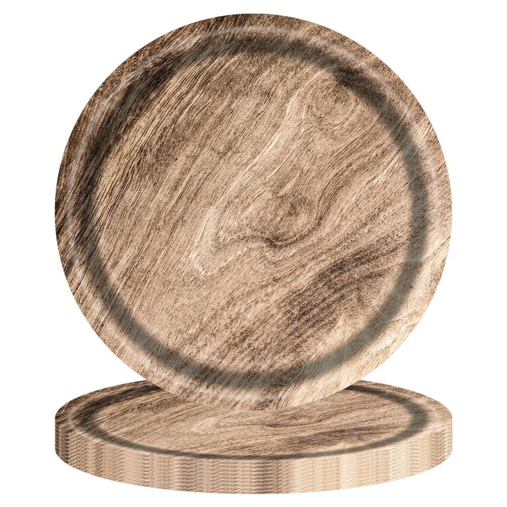 10pcs Round Imitation Wood Grain Disposable Plate Vintage Paper Food Tray Disposable Dish Picnic