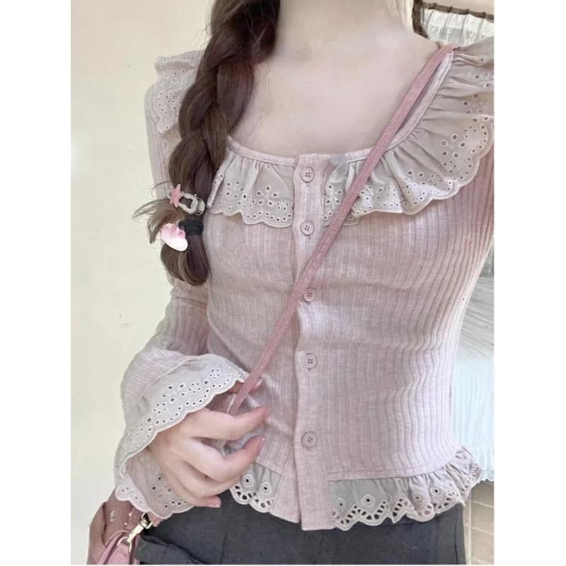 Новый вязаный кардиган Kawaii Lolita для женщин, японский сладкий кружевной свитер, пальто, женский повседневный корейский шик, тонкий, элегантный трикотажный топ