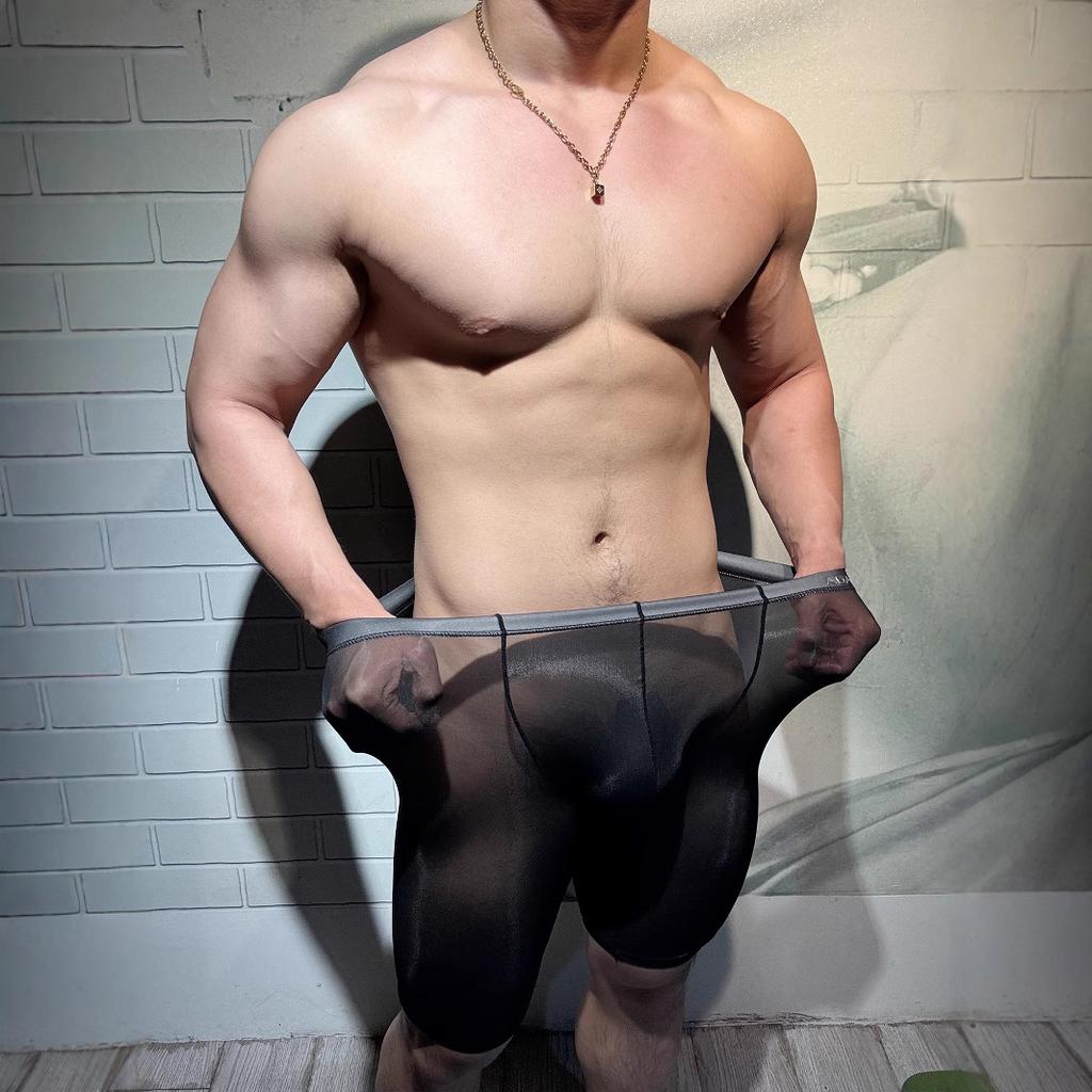 Спортивные мужские 5-точечные брюки для фитнеса, дышащие сексуальные леггинсы, мужское нижнее белье, ультратонкие бесшовные прозрачные удлиненные шорты-боксеры