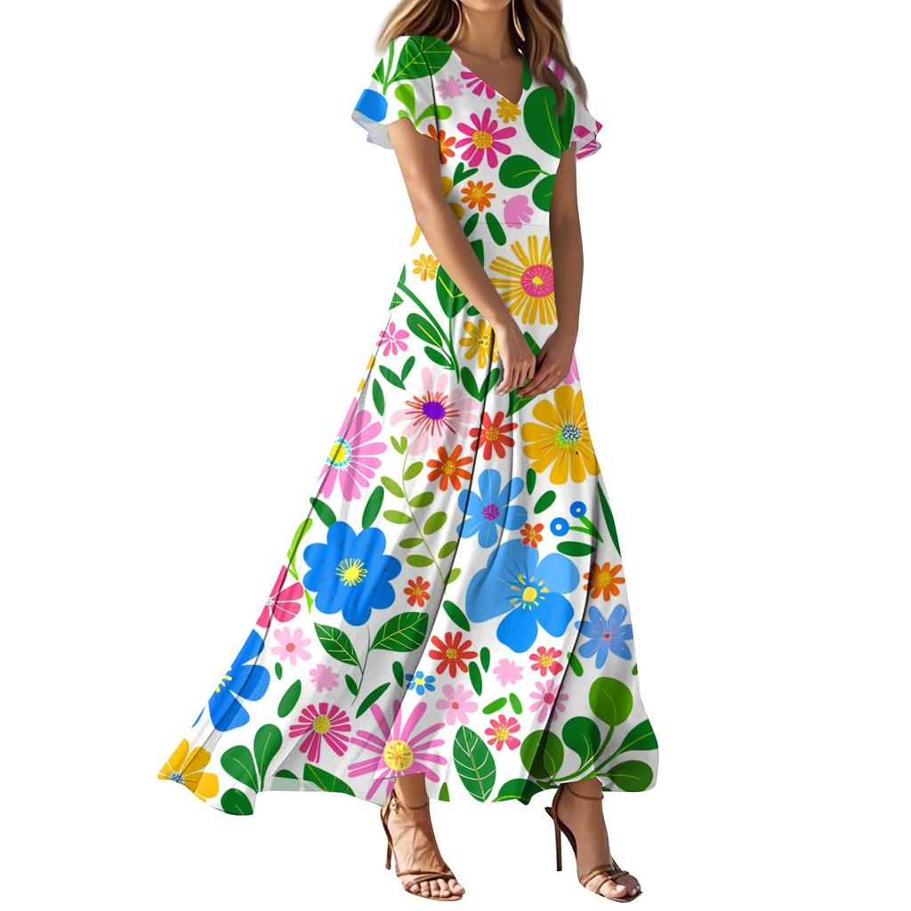 Женское повседневное платье с V-образным вырезом, коротким рукавом, высокой талией и принтом в виде цветов и листьев в стиле ретро