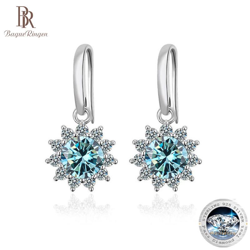 BagueRingen Women's Sterling Silver 925 Jewelry 1 Carat Moissanite Diamond Drop Earrings Sunflower Shaped Ear-drops Gift